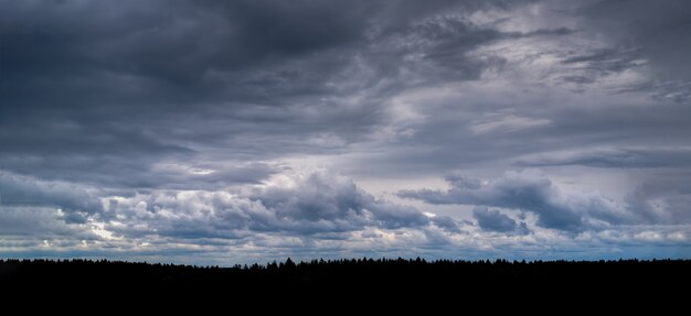 Ciemne chmury burzowe, szeroka panorama. Przestrzeń,. Ciemny las pasowy. Przestrzeń koncepcyjna