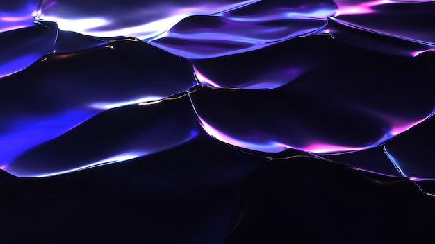 Ciemne Fale Neonowe Z Rozbłyskami Nocnej Powierzchni Miasta. Glow Purple Water 3d Render Plamy Z Niebieskim Blaskiem Miejskich Futurystycznych świateł. Jasny Połysk Z Odbiciami Synthwave Efektów Electro