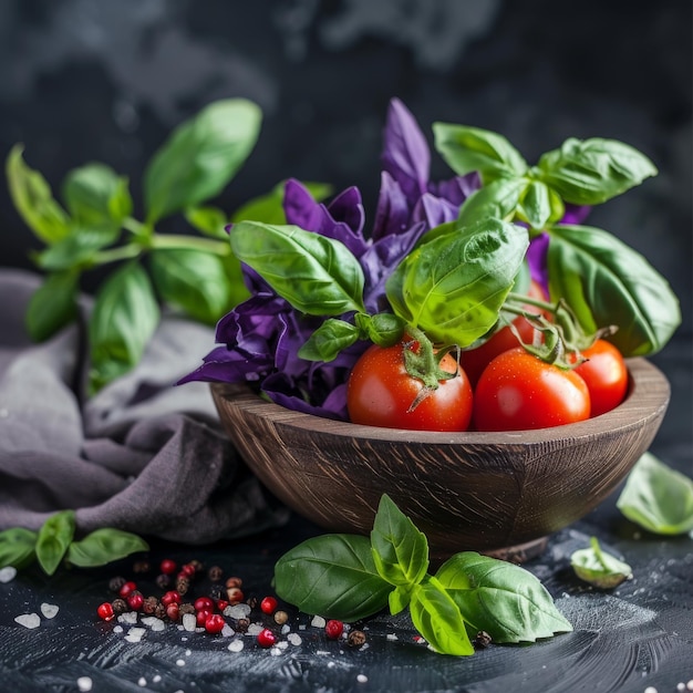 Ciemne kamienne tło z wiązką bazylii w drewnianej misce Naturalne rozmyte ramy z szarą serwetką