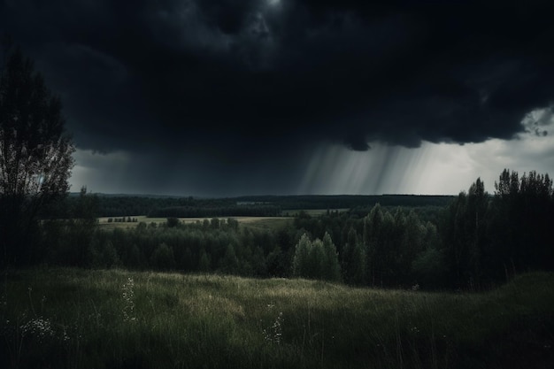 Ciemne niebo z deszczem padającym na drzewa