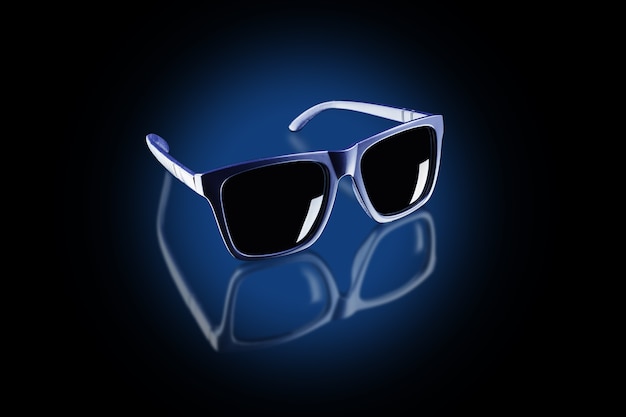 Ciemne Okulary Przeciwsłoneczne W Kręgu Niebieskiego światła Na Czarnej Odblaskowej Powierzchni, Przezroczyste Odbicie