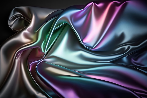 Zdjęcie ciemne opalizujące kolory tęczy abstrakcyjne błyszczące plastikowe jedwabne lub satynowe faliste tło generacyjna sztuczna inteligencja