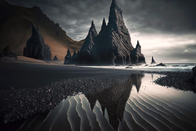 Ciemne ostre skały wystają z wody na plaży Islandii