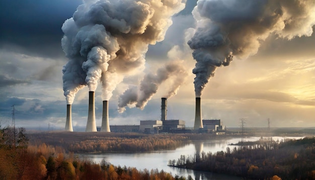 Ciemne pióro dymu z przemysłowych kominów symbolizuje zanieczyszczenie środowiska klimatyczne