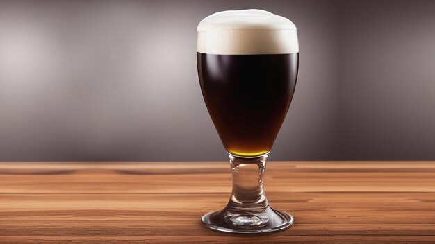 Zdjęcie ciemne piwo w szklance z pianką na wysokiej nóżce stoi na drewnianym stojaku na niebiesko-szarym tle