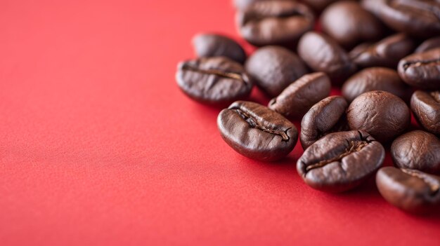 Ciemne prażone ziarna kawy z bliska na czerwonym tle