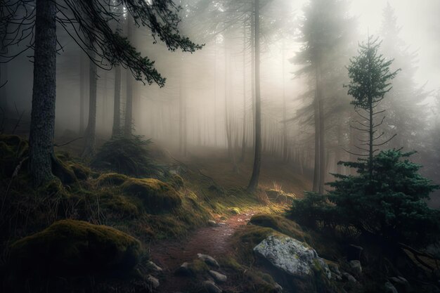 Ciemne promienie słońca lasu deszczowego przez drzewa z gęstą mgłą cyfrową ilustracją generowaną przez AI
