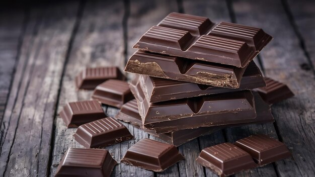 Zdjęcie ciemne tabliczki czekolady wyizolowane na białym tle stos kawałków czekoladi z bliska
