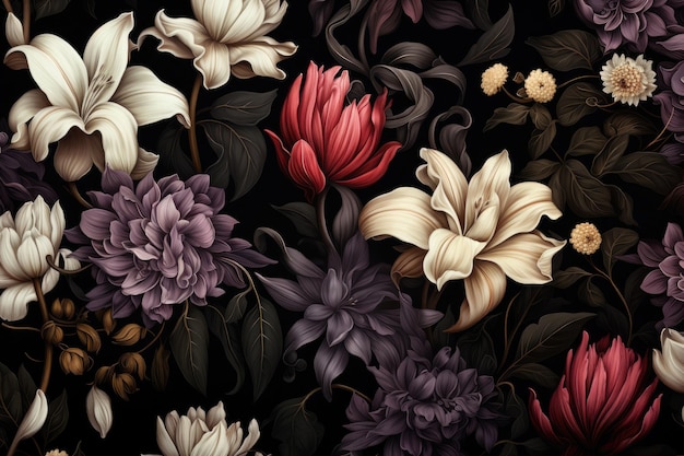 Zdjęcie ciemne tło botaniczne ciemny styl akademicki żeńskie ciemne tło z malowanymi kwiatami