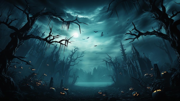 Ciemne tło Halloween z księżycem na błękitnym niebie ilustracja pająków i nietoperzy 1