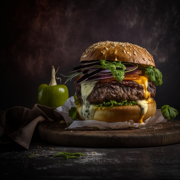 Ciemne tło hamburgera, profesjonalne zdjęcie pysznego hamburgera