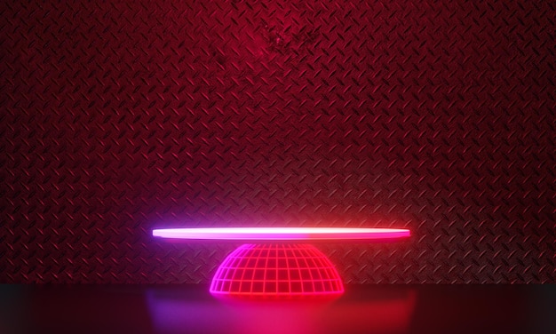 Ciemne tło wyświetlacza podium neon laserowe czerwone różowe światło z metalową ścianą w czarnym motywie. Renderowanie ilustracji 3D.