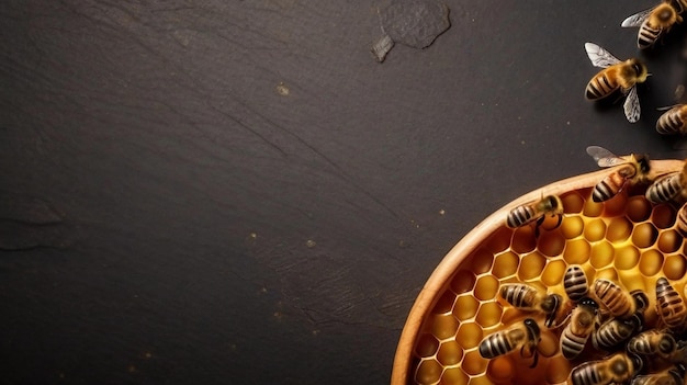 Zdjęcie ciemne tło z teksturą otoczone pszczołami miodnymi z widoku z góry z przestrzenią dla tekstu