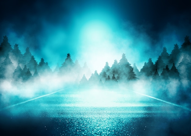 Ciemne tło. Zimowy krajobraz lasu. Oświetlone neonową poświatą sylwetki jodeł, zaspy, płatki śniegu. ilustracja 3d
