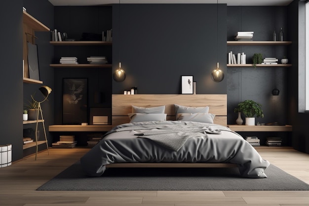 Ciemne wnętrze sypialni z czarnymi ścianami, drewniana podłoga, wygodne łóżko king size z szarą pościelą i gr