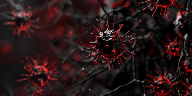 Zdjęcie ciemne zdjęcie czerwono podkreślonych cząstek wirusa na czarnym tle