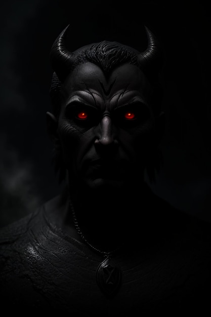 Ciemne zdjęcie diabła z czerwonymi oczami i czarnym tłem.