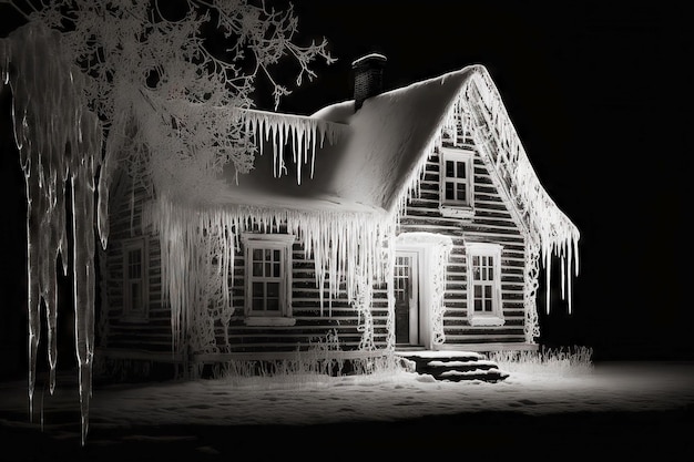Ciemne zimowe tło z drewnianym domem i oknami pokrytymi soplami lodu na domu