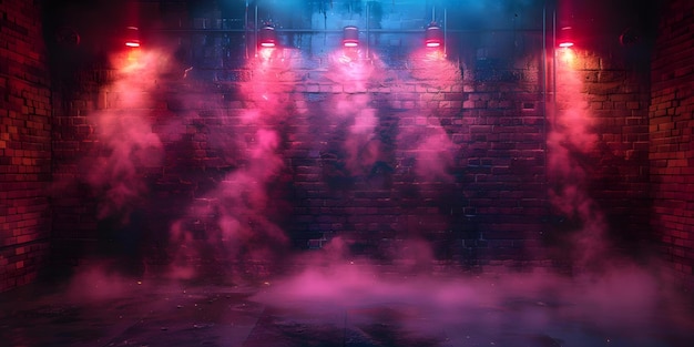 Ciemnie oświetlona piwnica ze starą ceglaną ścianą rozpala dym i neonowe światła tworzą tajemniczą i przerażającą atmosferę Concept Dark Photography Mystery Setting Neon Lights Atmospheric Brick Wall