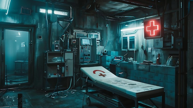 Ciemnie oświetlony, brudny i opuszczony pokój szpitalny. W pokoju jest łóżko, stół medyczny i różny sprzęt medyczny.