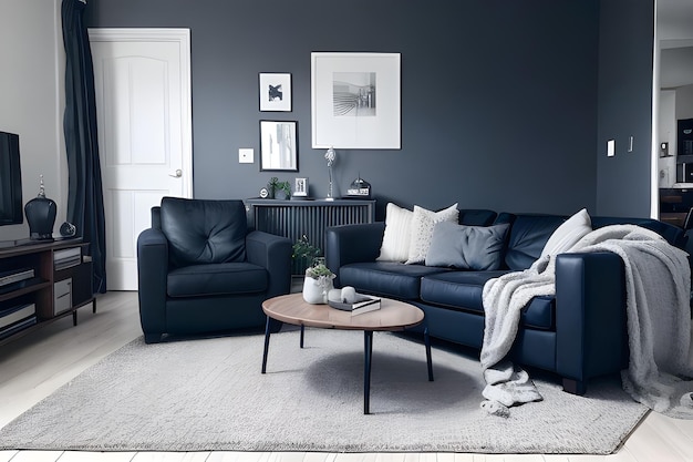 Ciemno niebieska kanapa i krzesło leżące w skandynawskim mieszkaniu Projekt wnętrza nowoczesnego salonu