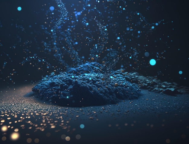 Ciemno niebieskie i świecące cząstki abstrakcyjne tło Niewyraźne tło bokeh z błyszczącymi cząstkami i błyszczącym stworzonym za pomocą technologii Generative AI