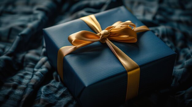 Zdjęcie ciemno niebieskie pudełko z złotą satynową wstążką elegancki i wyrafinowany prezent uroczystości z minimum