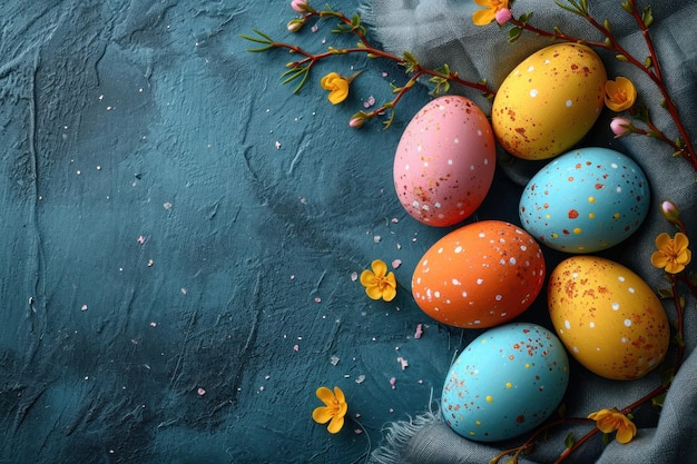 Ciemno niebieskie tło z malowanymi jajkami serwetka Easter banner