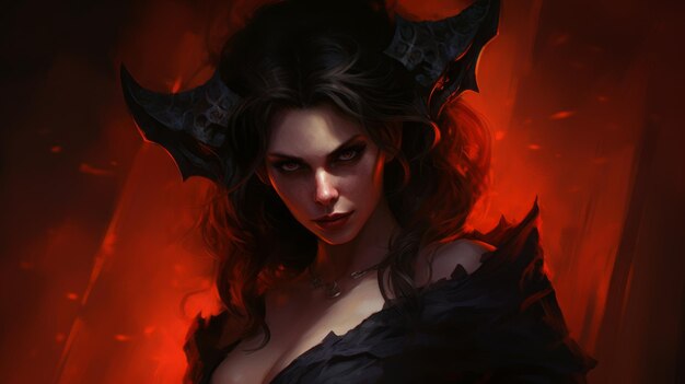 Ciemno szczegółowy Diabeł Kobiety z rogami na ognistym tle