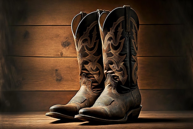 Zdjęcie ciemnobrązowe kowbojki na rodeo stoją na drewnianej podłodze