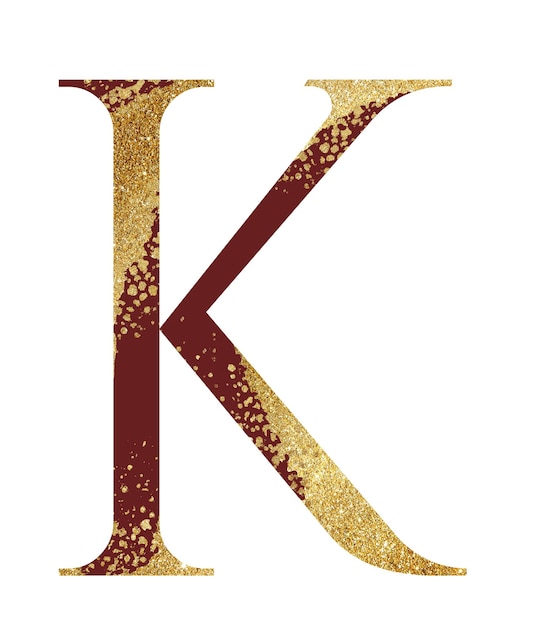 Ciemnoczerwona i złota brokatowa wielka litera K ze świątecznym elementem projektu z efektem dyspersji
