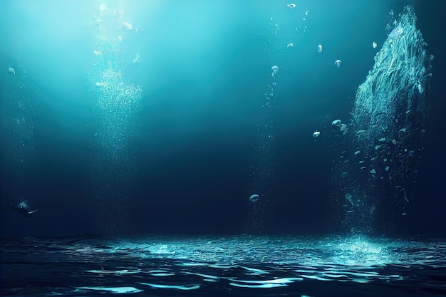 Ciemnoniebieska powierzchnia oceanu widziana z podwodnego renderowania 3d Ilustracja rastrowa