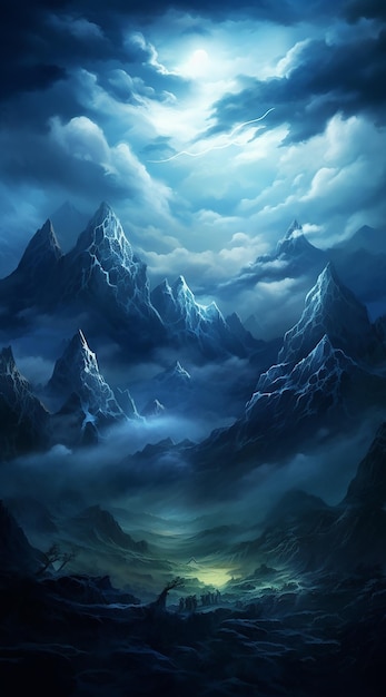 Zdjęcie ciemnoniebieska scena ze światłem odbitym od szczytu góry w stylu szczegółowej sztuki fantasy
