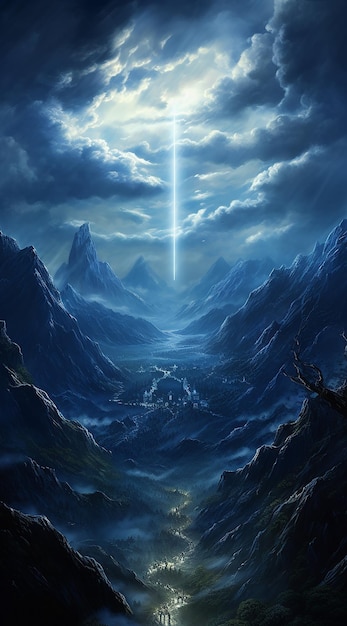 ciemnoniebieska scena ze światłem odbitym od szczytu góry