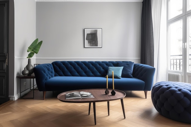 Ciemnoniebieska sofa i rozkładany fotel w skandynawskim mieszkaniu