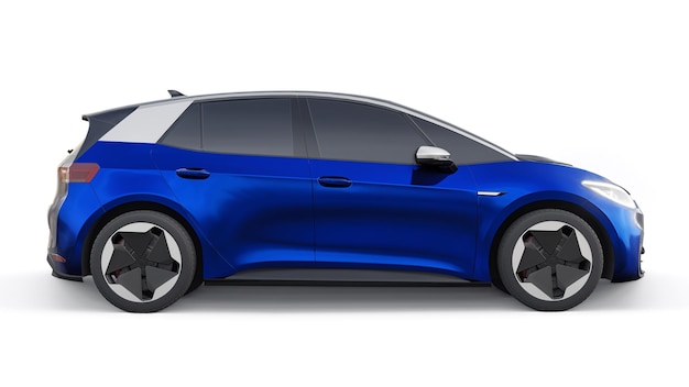 Ciemnoniebieski elektryczny miejski hatchback nowej generacji z ilustracją 3d o rozszerzonym zasięgu
