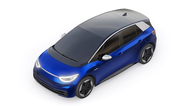 Ciemnoniebieski Elektryczny Miejski Hatchback Nowej Generacji Z Ilustracją 3d O Rozszerzonym Zasięgu