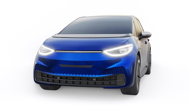 Ciemnoniebieski elektryczny miejski hatchback nowej generacji z ilustracją 3d o rozszerzonym zasięgu