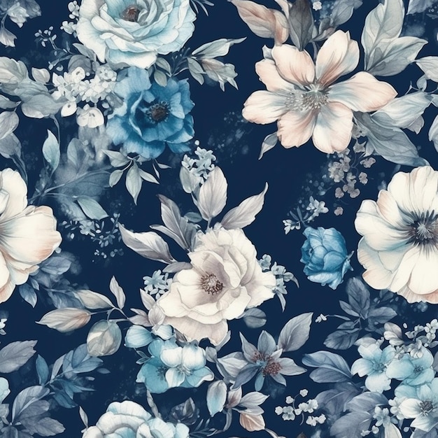 Ciemnoniebieski kwiatowy wzór z białymi i niebieskimi kwiatami.