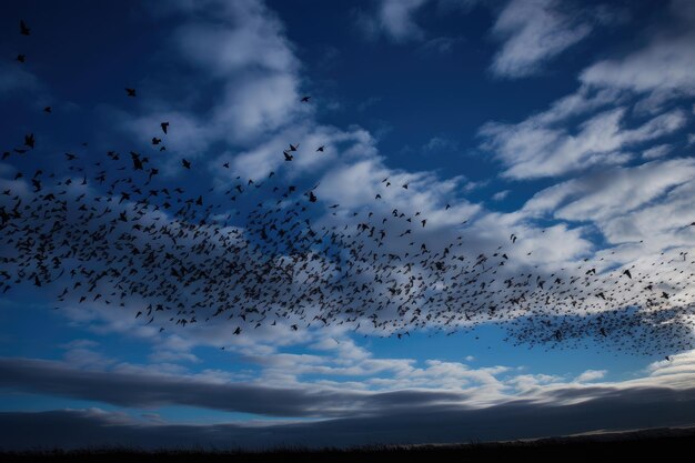 Ciemnoniebieskie niebo ze stadem ptaków latających w oddali