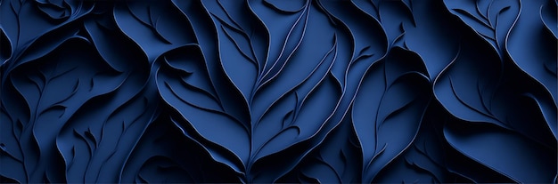 Ciemnoniebieskie, piękne tło kwiatowe z abstrakcyjnymi liśćmi. Wygenerowano 3D AI
