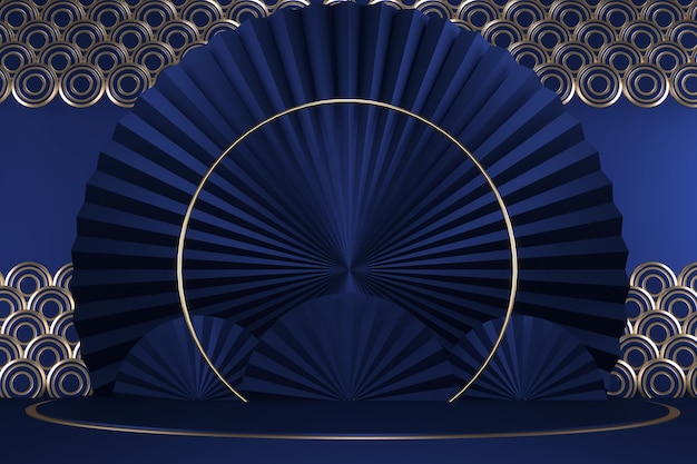 Ciemnoniebieskie tło geometryczne, koncepcja niebieskiego podium w stylu japońskim. Renderowanie 3d