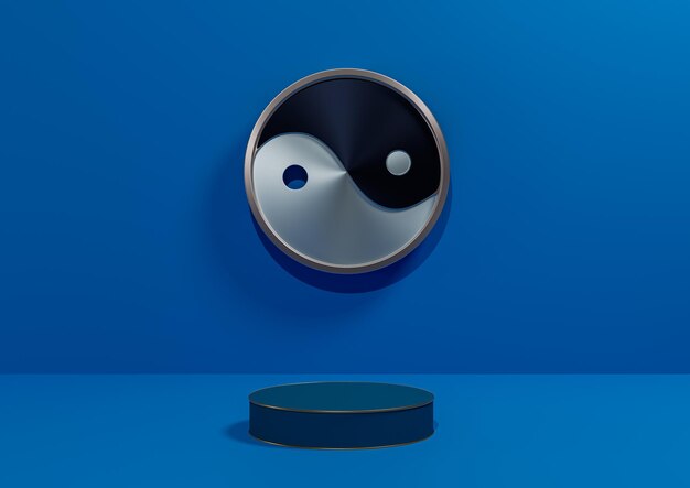 Ciemnoniebieskie tło wyświetlacza produktu 3D minimalna metaliczna złota linia Yin i yang symbol podium