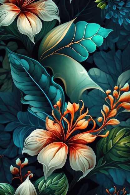 Ciemnoniebieskie tło z tropikalnymi kwiatami i liśćmi