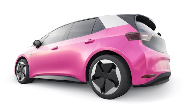 Ciemnoróżowy elektryczny miejski hatchback nowej generacji z ilustracją 3d o rozszerzonym zasięgu