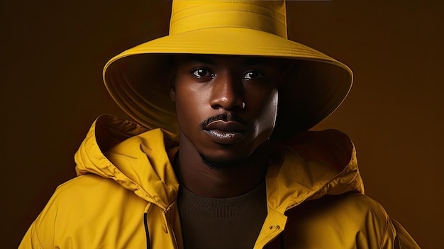 Ciemnoskóry mężczyzna w żółtym szerokim kapeluszu i kurtce na żółtym tle