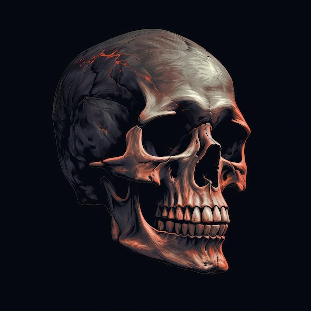 Ciemnosrebrna i pomarańczowa ilustracja 3D czaszki z ostrym realizmem i techniką światłocienia