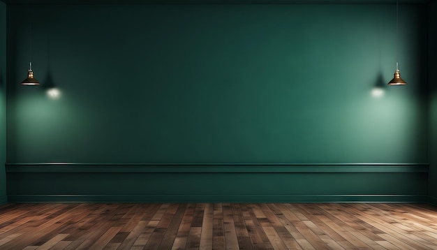 ciemnozielona ściana pusty pokój z drewnianą podłogą renderowania 3D