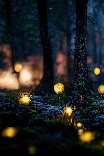 Ciemny bajkowy las fantasy Nocny las krajobraz z magicznymi poświatami Abstrakcyjne leśne magiczne fantasy nocne światła neonowa ilustracja 3D
