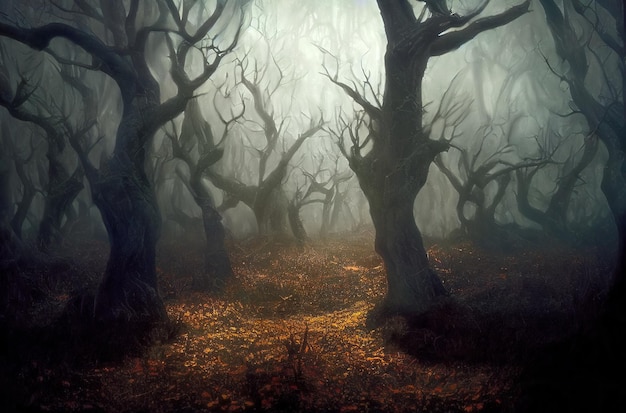 Ciemny bajkowy las poskręcane drzewa z nagimi gałęziami ciemny c